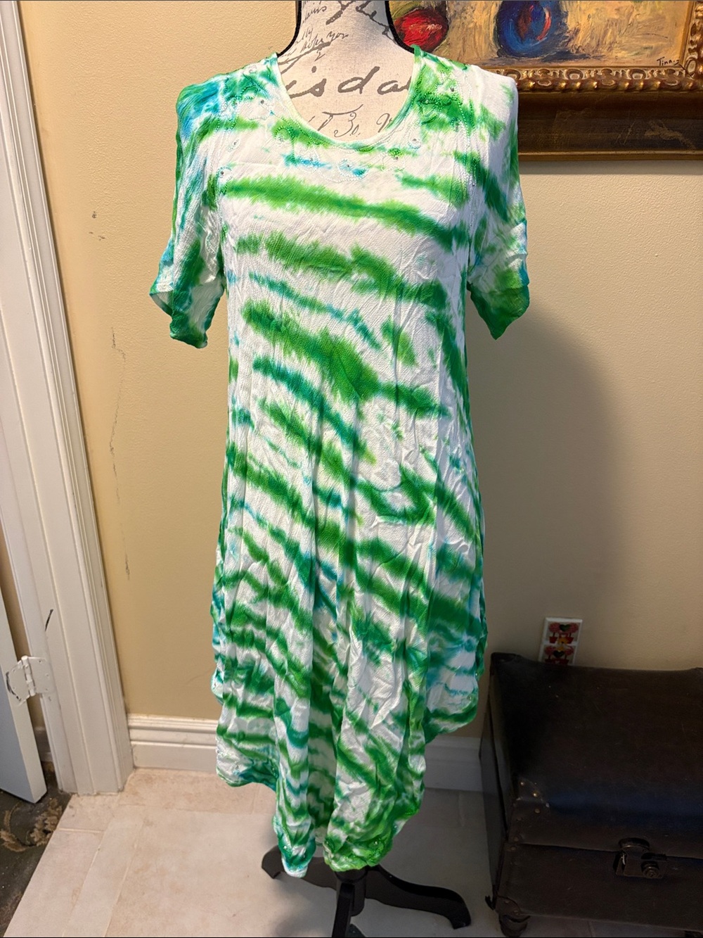 💚Zury Tie-Dye Asymmetrical Embroidered Maxi Dress with Short Sleeves